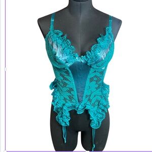 Vintage Faris Bustier Corset Garters Lingerie Lace Satin Straps Size S Blue